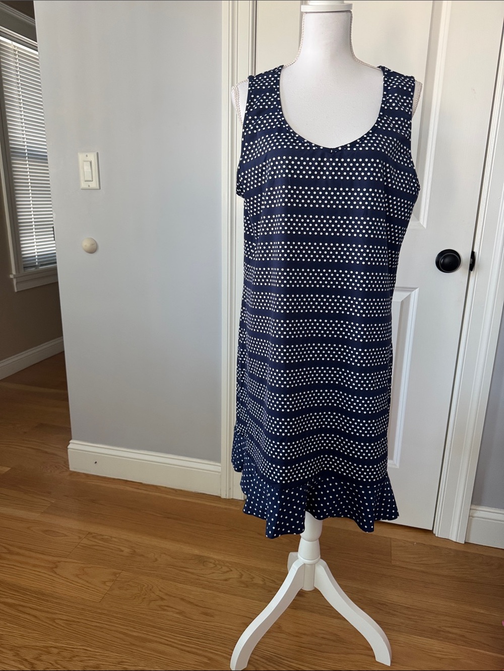 Navy Polka Dot Sleeveless Ruffle-Hem Dress/Beach Cover-up.
